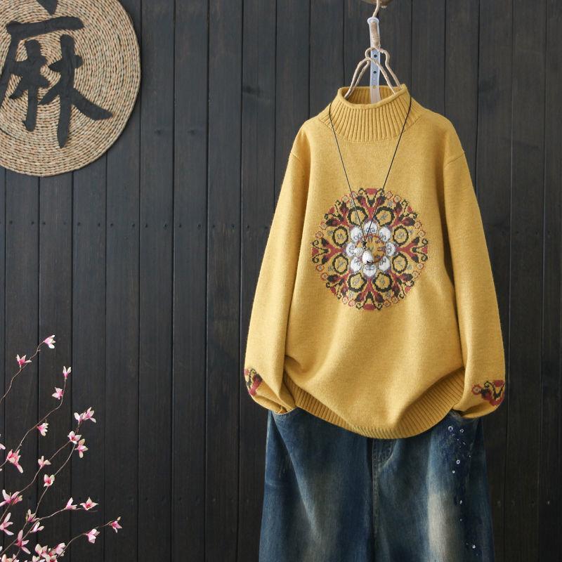 National Style Vintage Pullover Sweater Women Autumn Winter High-neck Plus Size Inner Base Sweater Loose Knitwear
