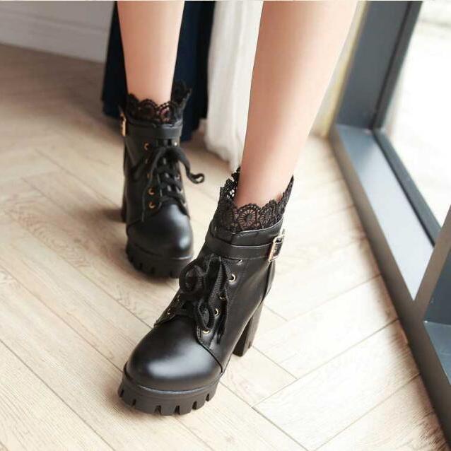 Martin Boots Waterproof Platform High-heeled Boots Lace Autumn and Winter Women's Shoes Boots Botas