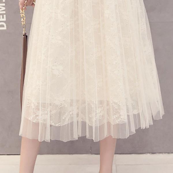 Three Layers Yarn Skirt Woman's Mid-length Elastic Waist Printed Lace High Waist A-line Skirt Pleated Skirt Tender Sexy