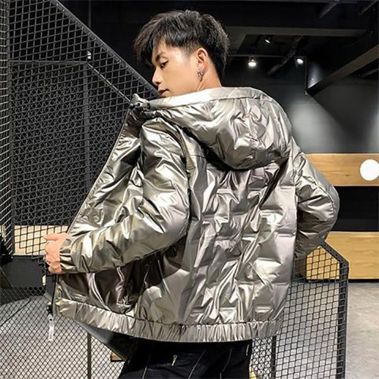 Men's White Duck Down Jacket Short Winter Fashion Trend Stand-up Collar Shiny Slim Black Jacket
