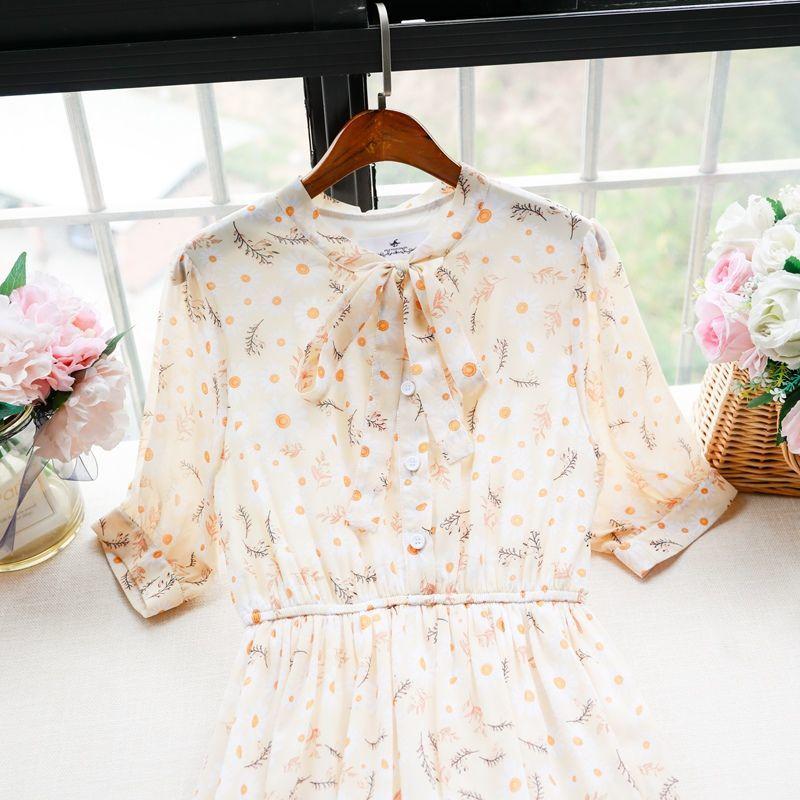 Female Vintage High Waist Super Fairy Holiday Dress Elegant Slim Chiffon Floral Print Lined Dress