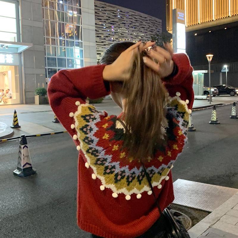 Pofulove Autumn Winter Jacquard Loose Thick Warm Christmas Style Pullover Long Sleeve Sweater Women