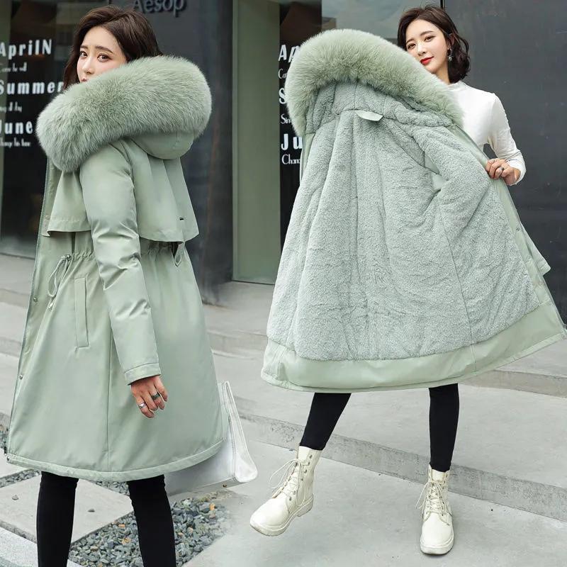 Winter Jacket Parkas Women Mid-length Large Fur Collar Plus Fleece Down Coat Thick Warm Long Coats Hooded Adjustable Waist Plus Size Maxi Outwear