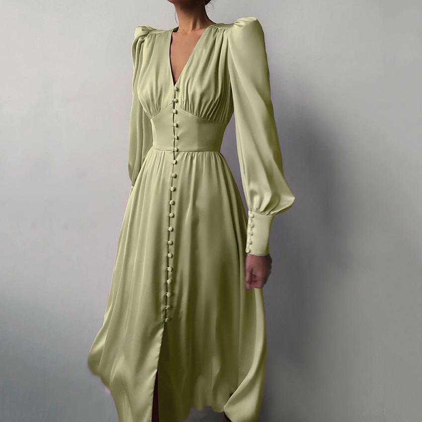 Single Breasted Sexy Dress Party Clud High Waist Satin Long Dress Elegant V Neck Women Midi Dresses Lantern Sleeve