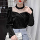 Mesh Velvet Top Spring and Autumn French Style High-end Puff Sleeves Exposed Collarbone Hollow Shirt Women