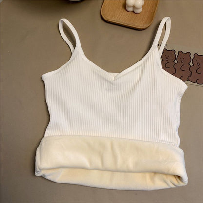 Winter Camisole Crop Top Women Plus Velvet Bralette Spaghetti Strap Corset Tank Top Winter Warm Thermal Vest Innerwear Bralets Yk2 Cami Black