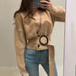 Vintage V-neck Slim Cardigan Sweater Women's Short Loose Knit Sweater Short Cardigan Coat with Belt
