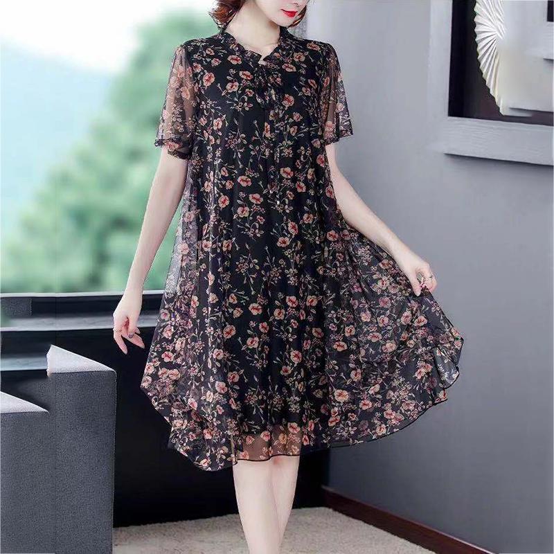 Chiffon Floral  Dress L-XXXXXL Women's Summer Veil Short Sleeve Round Neck Lightweight and Breathable