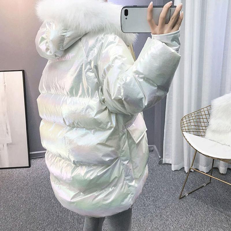 Women's Bright Face Hooded Down Jacket Mid-length Korean Loose Thick Coat Warm Cotton Coat Large Wool Collar Winter Quilted Coat