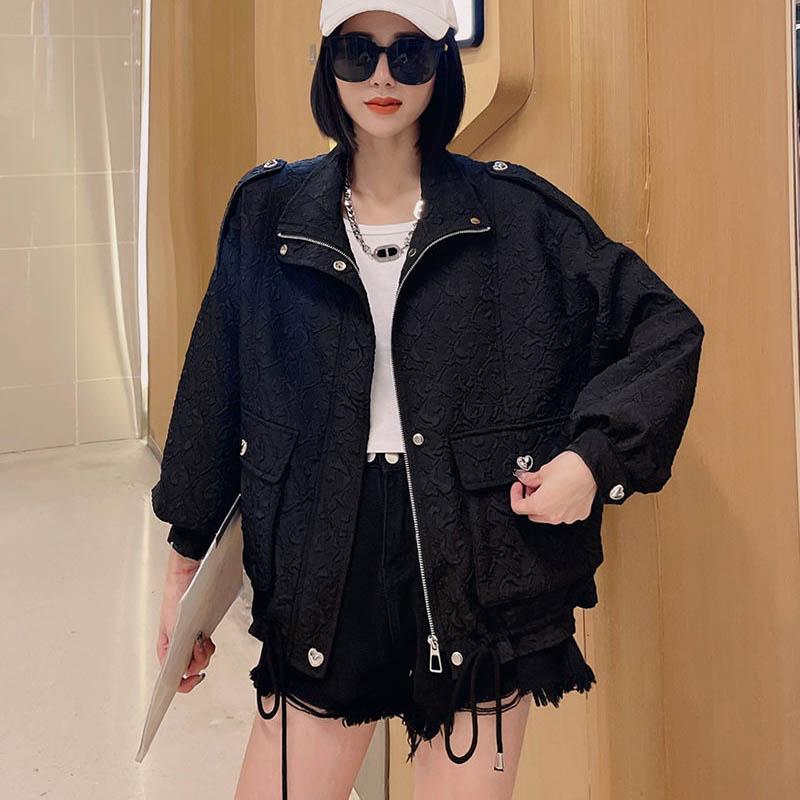 Folded Embossed Short Jacket Women Autumn Loose Casual Fashion Western Style Blouse