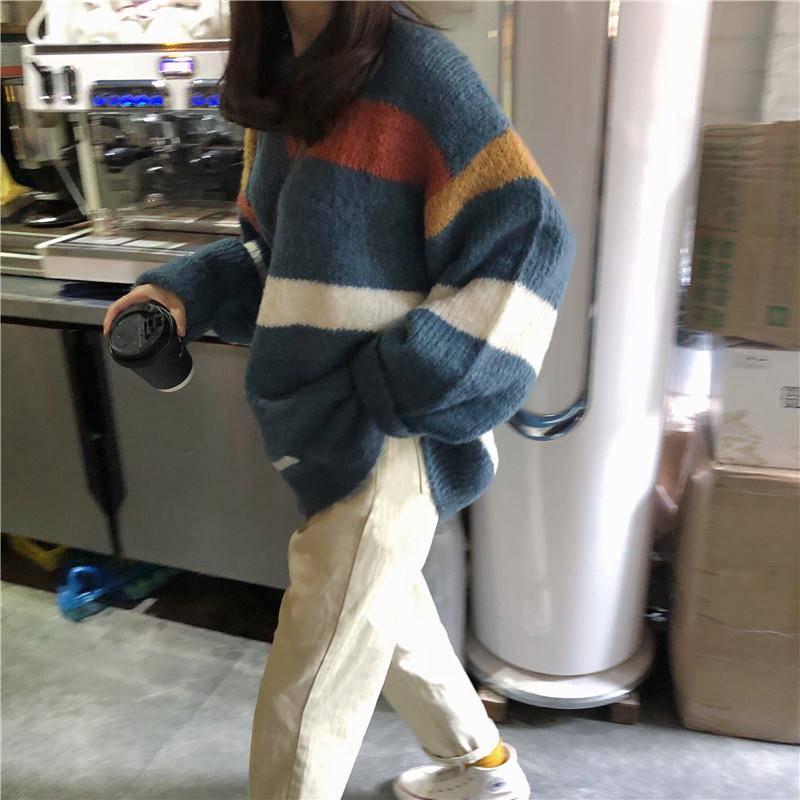 Pofulove Autumn Winter Harajuku Stitching Striped Mid-length Pullover Sweater Loose Sweater Coat