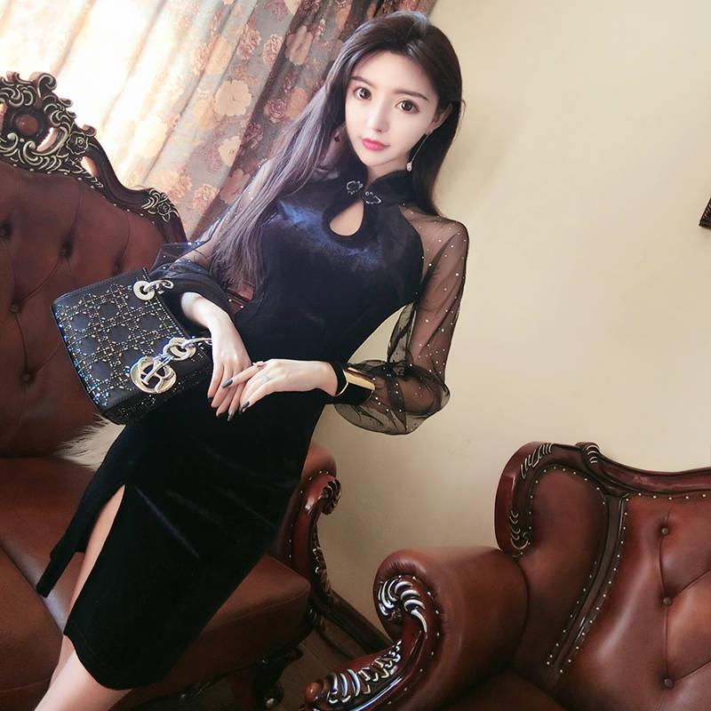 Women's Fashion Temperament Sexy Split Cheongsam Stitching Long Sleeve Waist Dress Bottoming Skirt
