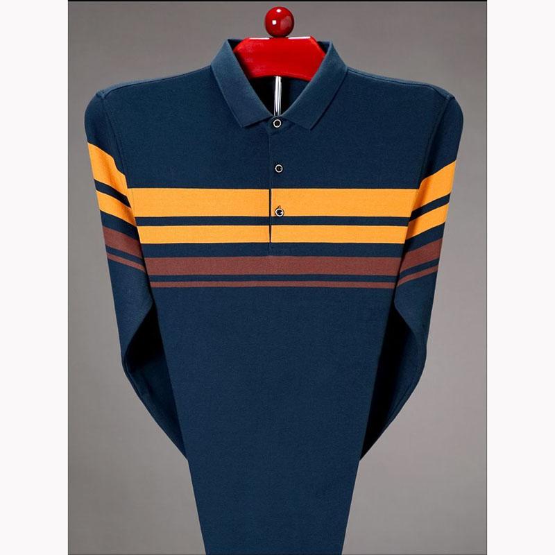 Spring and Autumn Lapel Striped Long Sleeve T-Shirt Men's Thin Cotton Loose Polo Shirt Casual Business Top