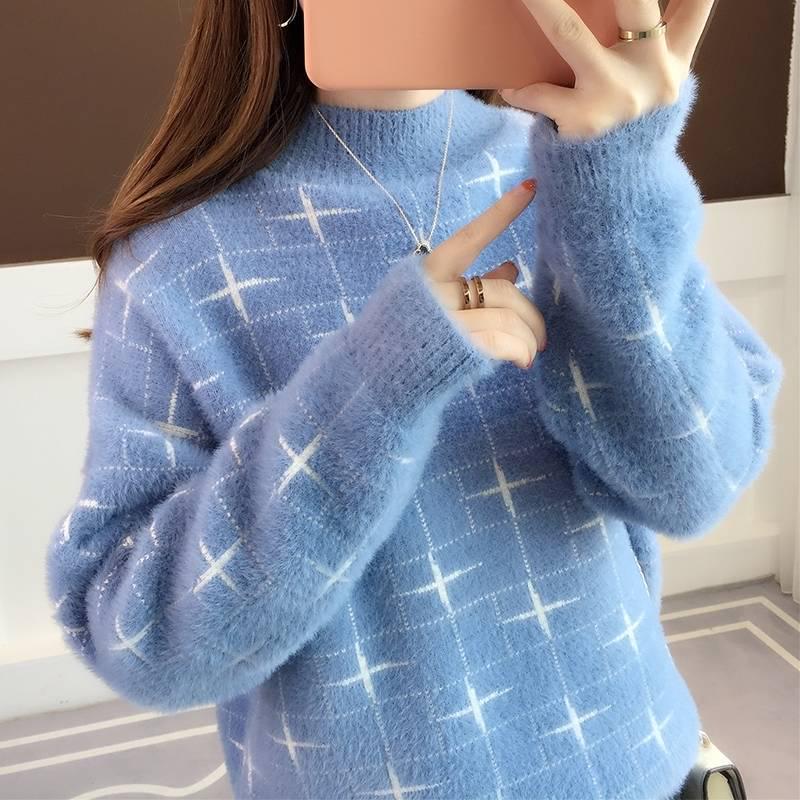 Women Mohair Fuzzy Skin-friendly Sweater Long Sleeve Half Turtleneck Bottom Knit Shirt Top