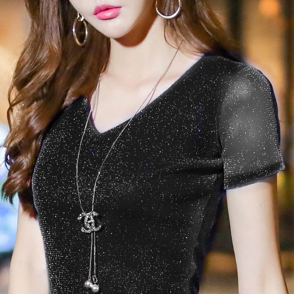 Summer Dress Women's Mesh Short Sleeve T-Shirt Large Loose Bright Silk Half Sleeve Backed Lace Short Sleeve