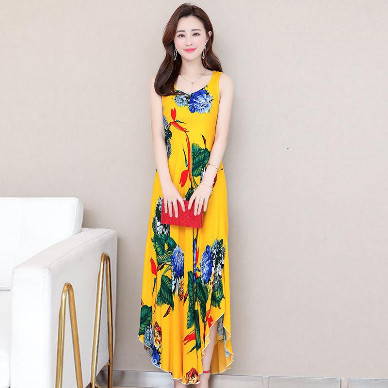 Sleeveless Cotton and Linen Dress Summer Vest Long Loose Large Size Thin Floral A-line Version Long Skirt Round Neck Sleeveless Ladies Dress