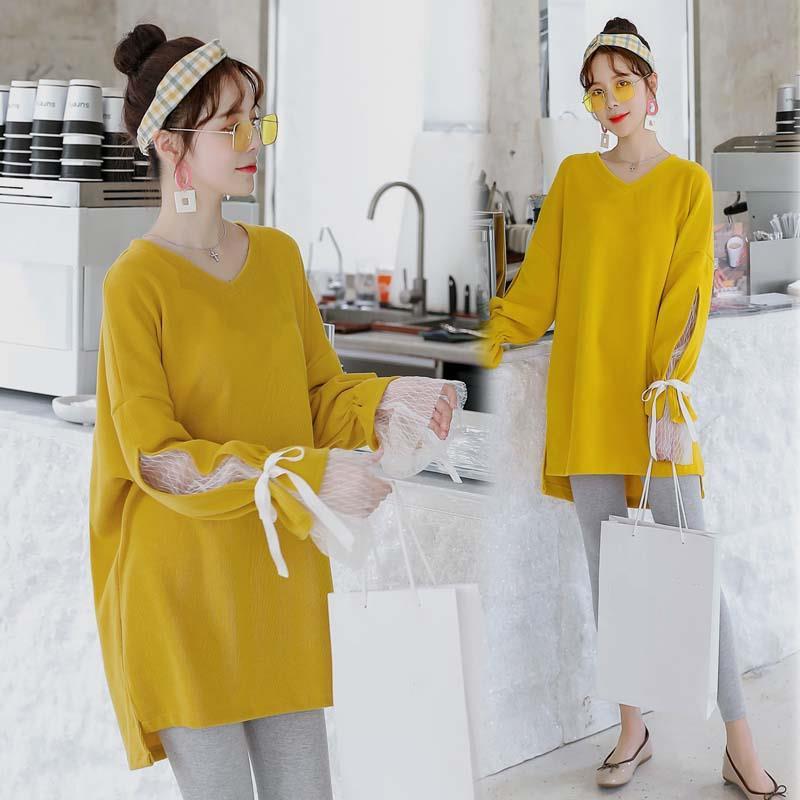Maternity Clothes Long Sleeve Dress Mid-length Sexy Lace Yarn Bow Strapped Loose Plus Size V-Neck Long Skirt