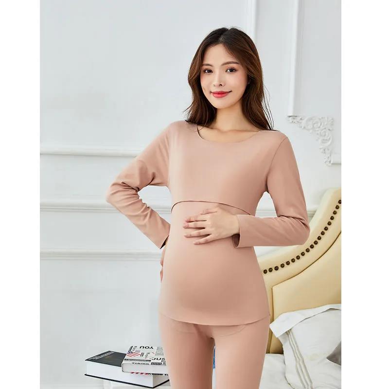 Maternity Autumn Clothes Long Trousers Suit Plus Velvet Plus Size Thermal Underwear Postpartum Breastfeeding Pajamas Autumn and Winter