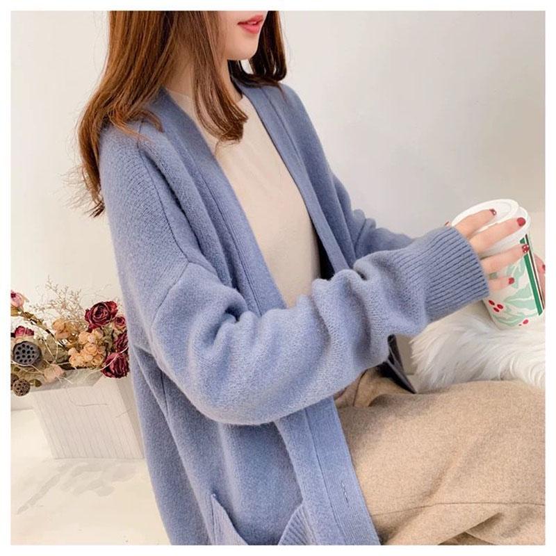 Women's Sweater Coat Loose V-neck Long-sleeved Cardigan Solid Color Sweater with Buttons