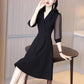 Summer Women's Black Chiffon Dress Mid Length Ladies Loose V-Neck Skirt