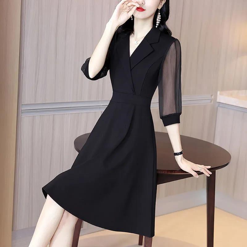Summer Women's Black Chiffon Dress Mid Length Ladies Loose V-Neck Skirt