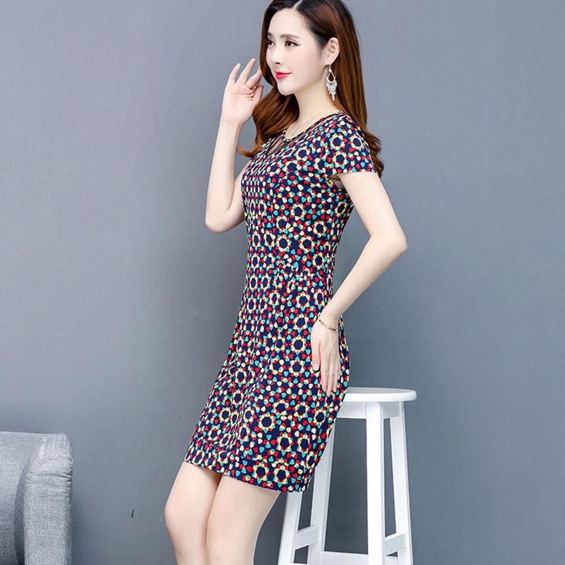 Women's Summer Dress Lace Round Neck Mid Length Short Sleeve T-Shirt Dress