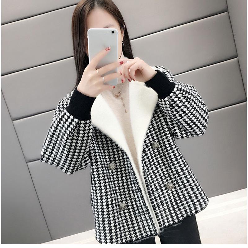 Autumn and Winter Knitted Cardigan Long Sleeve Lapel Loose Sweater Korean Fashion Plaid Jacket