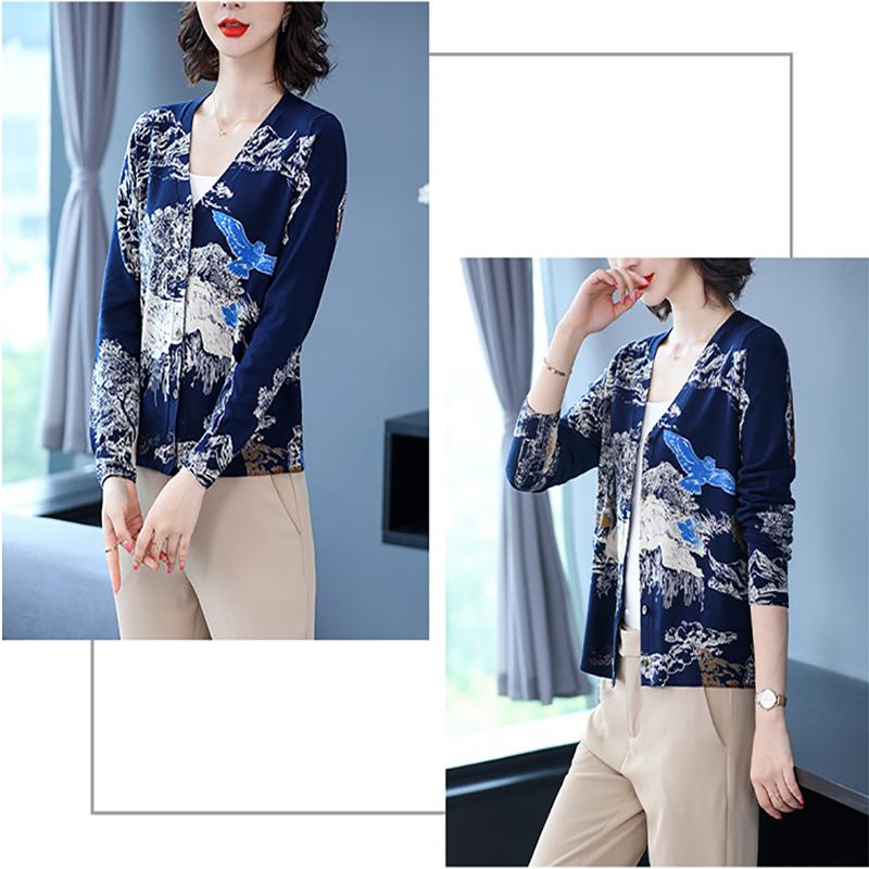 Winter Women's Printed Cardigan V-neck Casual Plus Size Sweater Coat Warm and Fashionable Knitted Cardigan