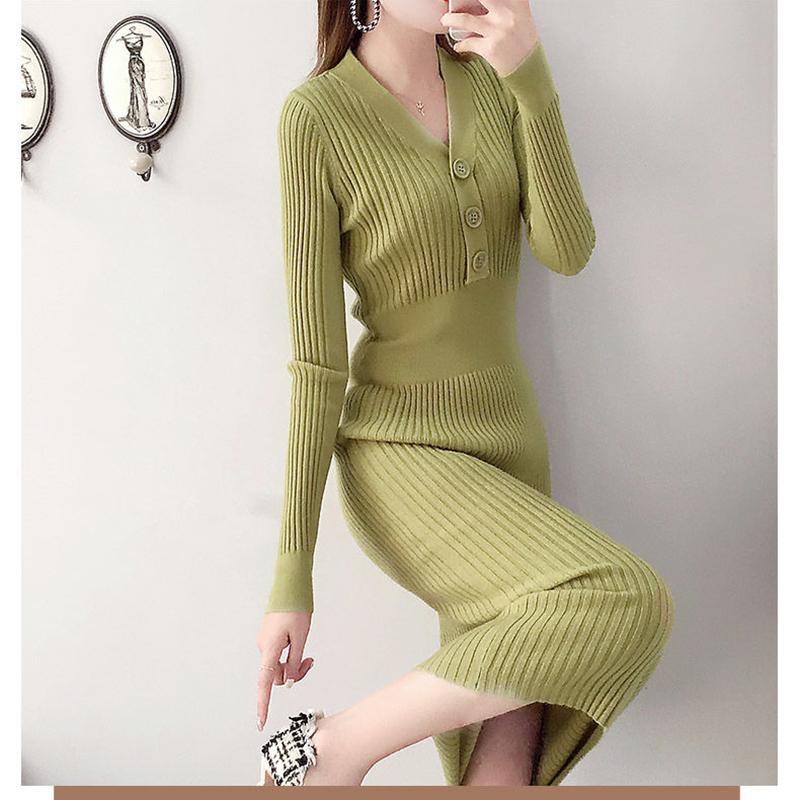 Autumn and Winter Fashion Padded Sweater Skirt Mid-length Over The Knee V-neck Knitted Dress Slim Inner Base Bag Hip Skirt