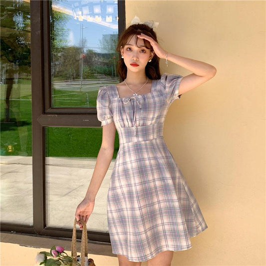 Summer French Elegant Square Neck Bubble Sleeve Plaid Dress Female Waist Slim Short Vacation Dress