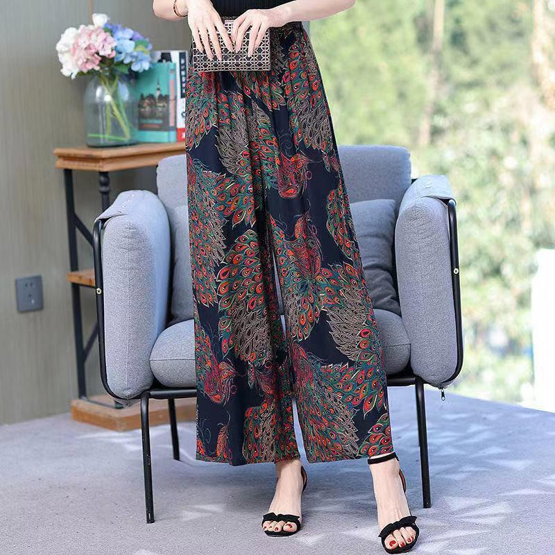 Ice Silk Wide-leg Pants Girls Summer Summer Middle-aged and Elderly Loose High Waist Slimming Plus Size Casual Nine-point Pants