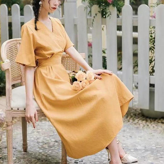 Wide Sleeve Flowing Fairy Dress Solid Color Little Fresh Dress Women's Summer Simple Elegant Slim Long Dress