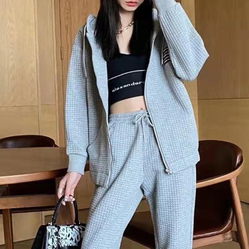 Waffle Hooded Jacket + Leggings Pants Two-piece Sports Leisure Spring and Autumn Thin Sweater Suit Cardigans for Women Girls Athletic Clothing