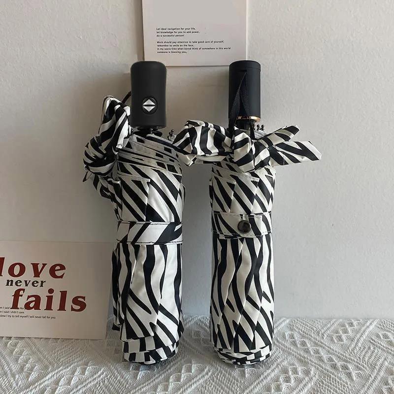 Zebra Pattern Automatic Umbrella Female Ins Wind Sunshade Three-fold Rain and Sun Dual-use Sunscreen Black Plastic Sun Umbrella