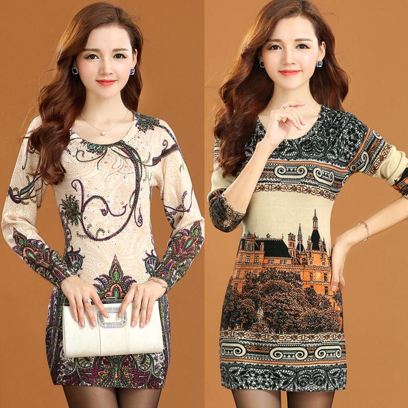 Women's Cashmere Sweater Printing Mid-length Wool Sweater  Large Size Knit Sweater Dress Female Bottoming Dress Fall Winter