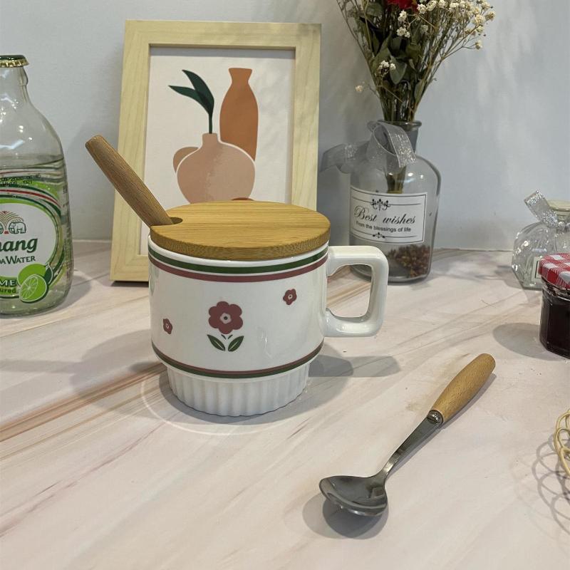 Teacup Mug with Lid Spoon Ins Men and Women Ceramic Cup Household Korean Version of Student Couple Coffee Cup Large Capacity