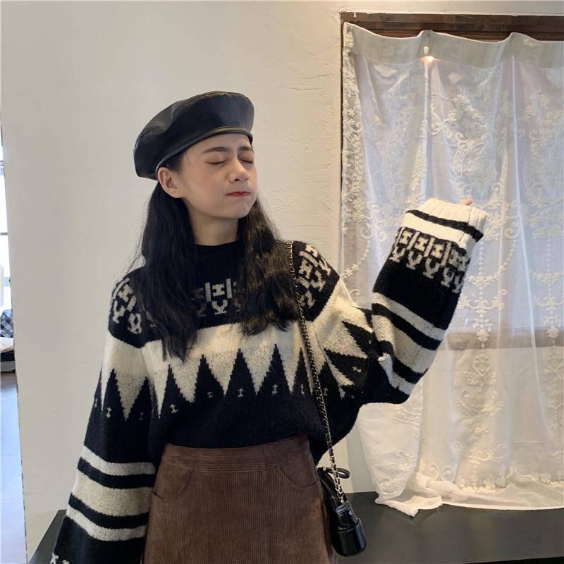 Pofulove Autumn Winter Loose Retro Short Sweater Women Thick Pullover Students Long Sleeve Women