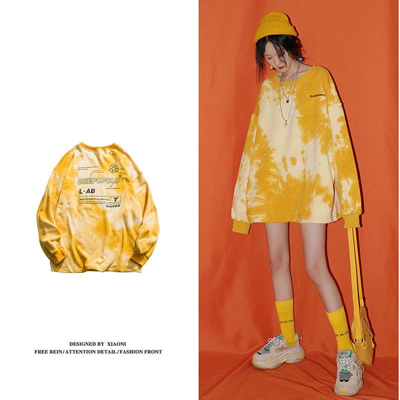 Spring  Autumn Thin Casual Long-sleeved Letter Printing Pullover Sweatshirt Tops Ladies O- Neck Tie-dye Hoodies