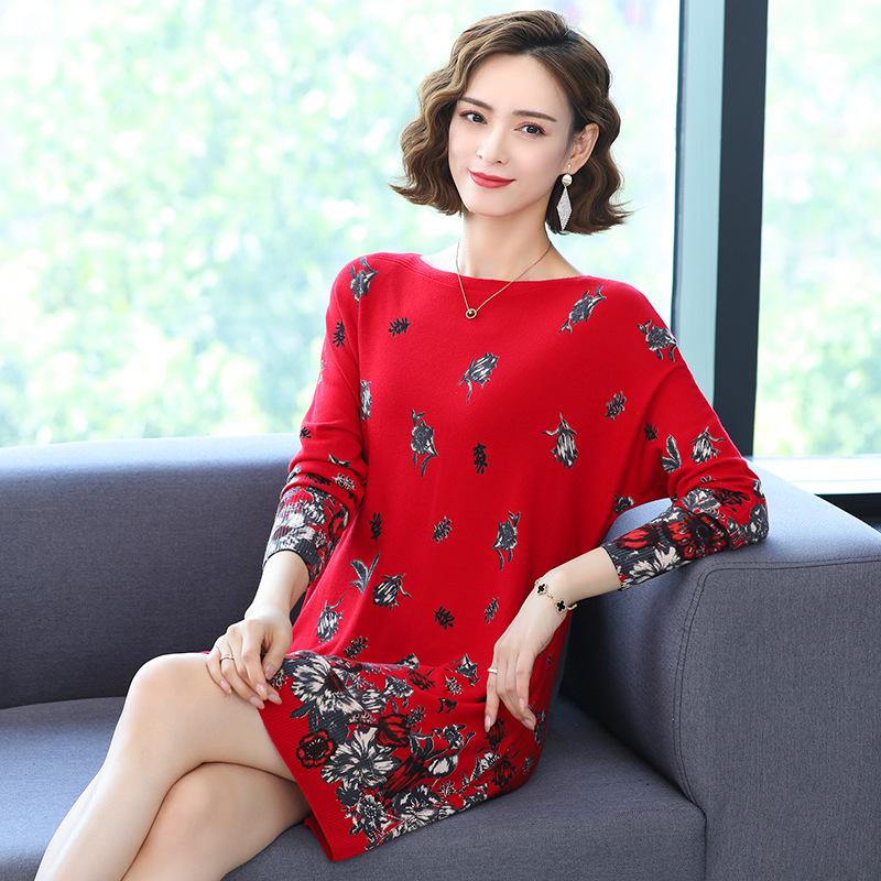 Spring and Autumn Women's Printed Dress Mid-length Knitted Bottoming Shirt Retro Western Sweater Dress
