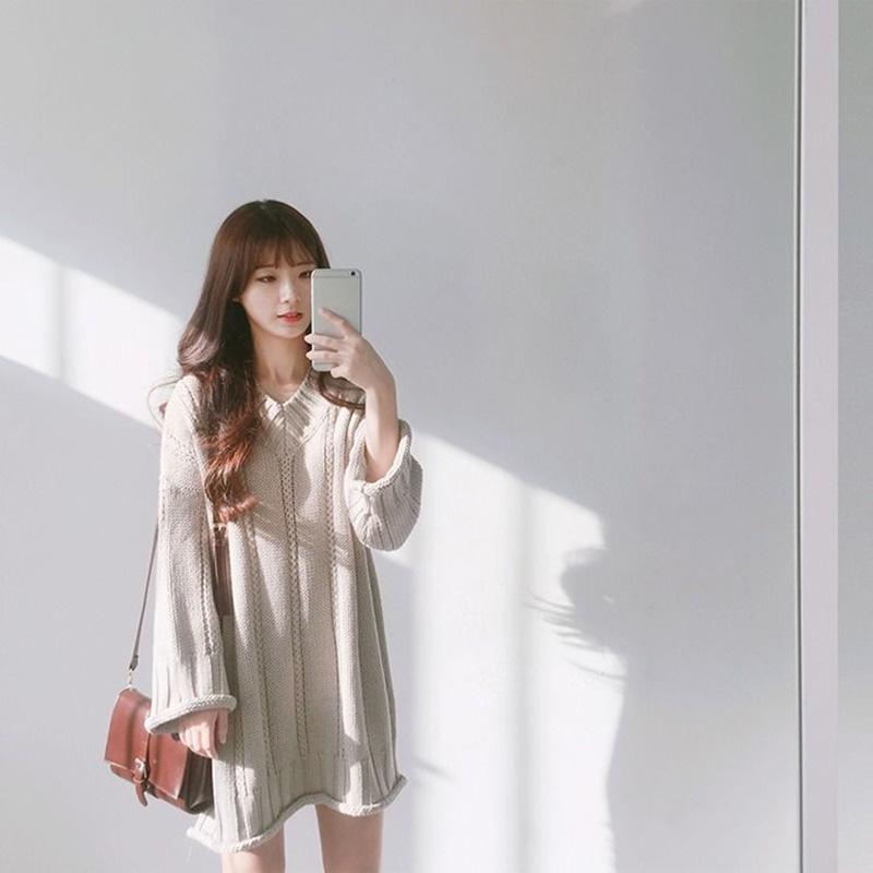 Autumn and Winter Mid-length Fashion Dress Long Sleeve V-neck Casual Sweater