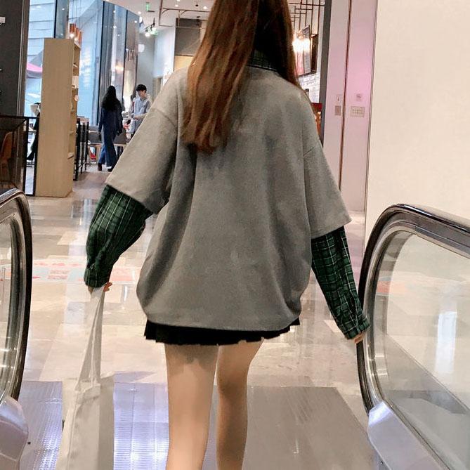 Fake Two-piece Splicing Tops Women's Spring and Autumn Long Sleeve Thin Sweater Large Size Loose Plaid Print Pullover