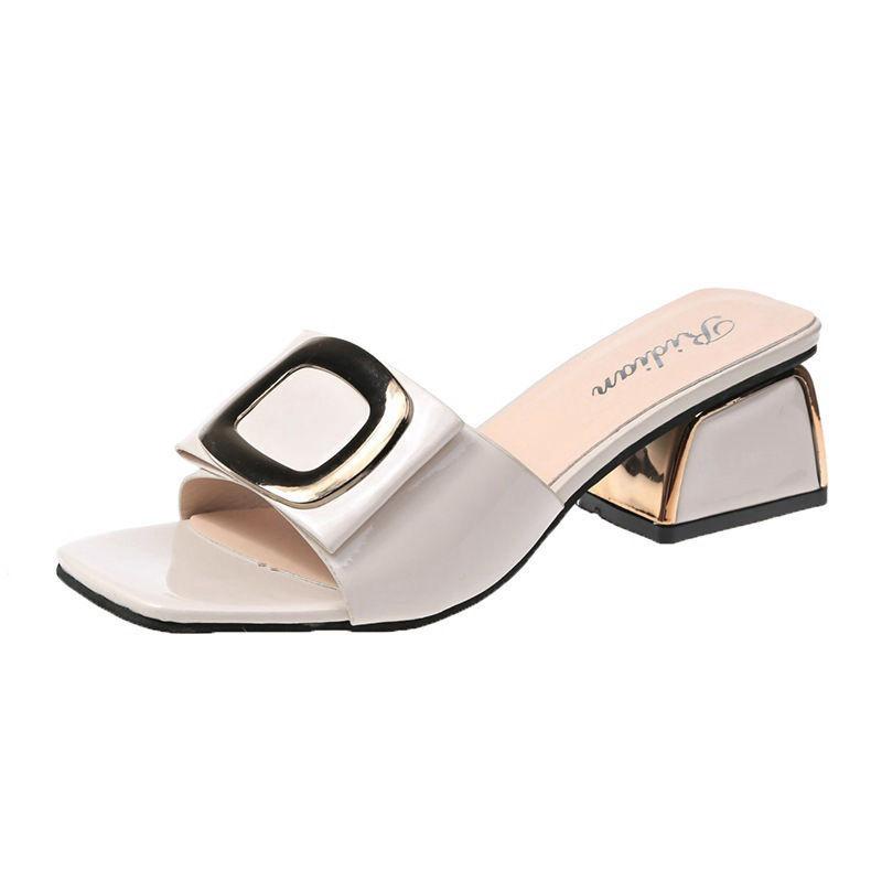 Sandals and Slippers for Women's Outer Wear Summer Fashion Thick Heels All-match High Heels Ladies Slippers Temperament Mid-heel
