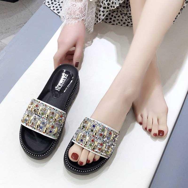 Size35-40 Summer Women Slippers Bohemian Beach Wear-resistant Non-slip Slippers Wedge Platform Leopard Print Sandals Outdoor Crystal High Heels