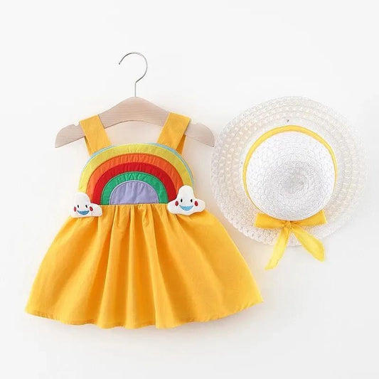 2021 Baby Girl Flower Print Sleeveless Rainbow Princess Dress Children Summer Clothes Set