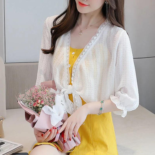 1 PCS Lace Cardigan Women Beach Sun Protection Summer Short Solid Color Thin Shawl Pair with Suspender Dress