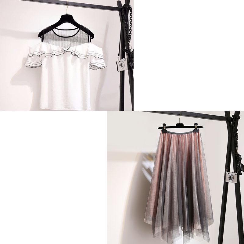 Women Skirt Set Off-shoulder Blouse Denim Stitched Mesh Skirt Two-piece Set for Party