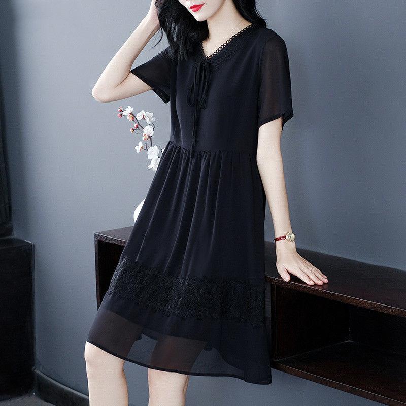 Black Chiffon Short-sleeved Dress Female Loose Large Size Was Thin V-neck Skirt Casual Simple Wild Pure Color Dress