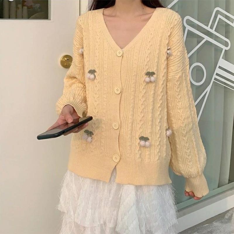 Cardigan Knitwear Sweet Puff Sleeve Short V-neck Cherry Sweater Women's Top Long Sleeve Warm Loose Sweater Jacket