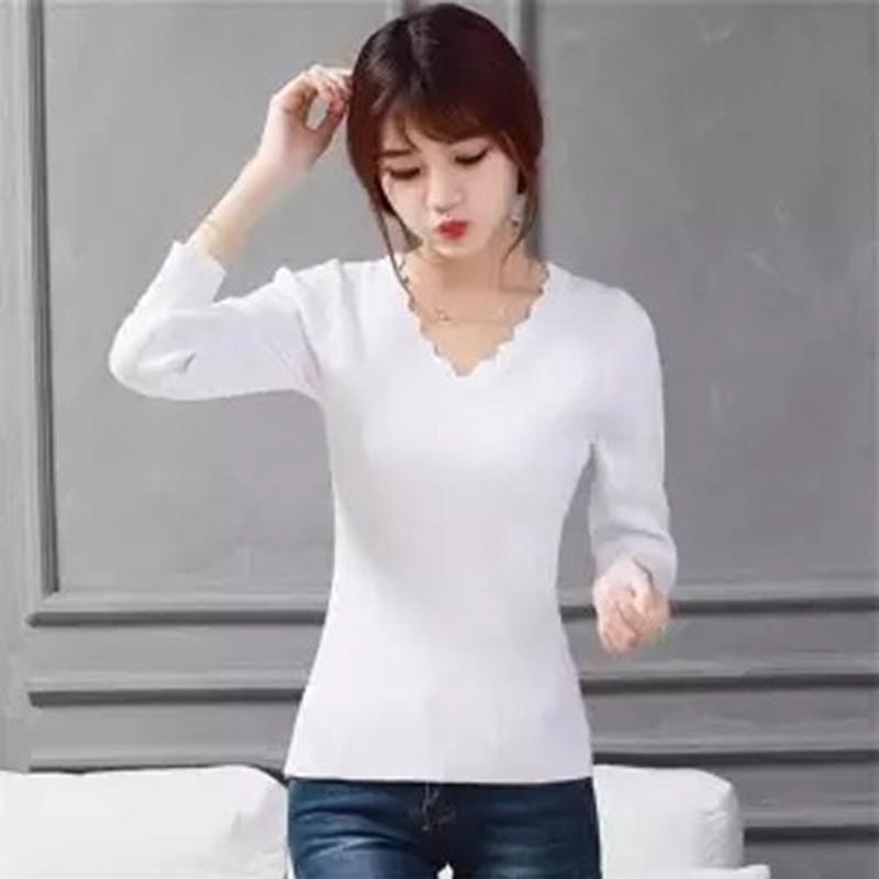 Pofulove V-neck Sweater Women's Slim Winter Plus Size Women's Warm Bottoming Solid Color Shirt
