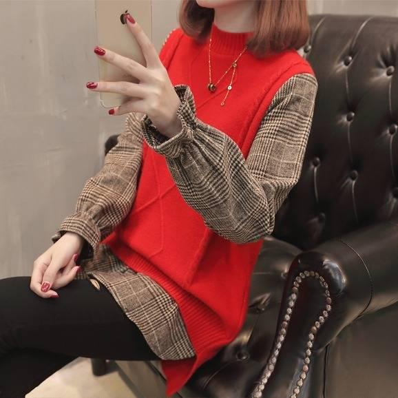 Spring and Autumn Stitching Flared Sleeve Top Loose Plaid Pullover Sweater Fashion Casual Sweater Women